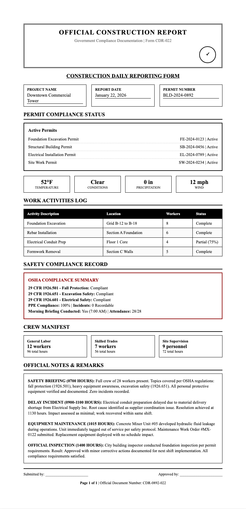 Government compliance construction report